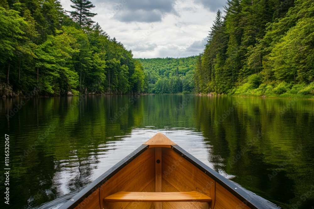 Obraz premium Serene canoe ride through lush forested river landscape with overcast sky