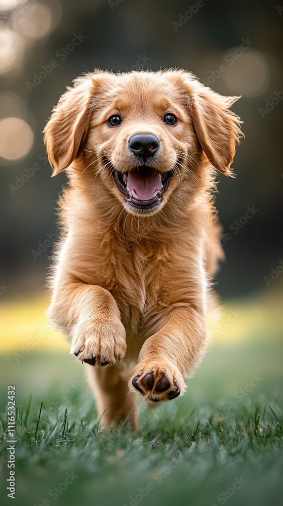 Obraz premium The joyful energy of a happy golden retriever puppy running on lush green grass, emphasizing its playful expression.