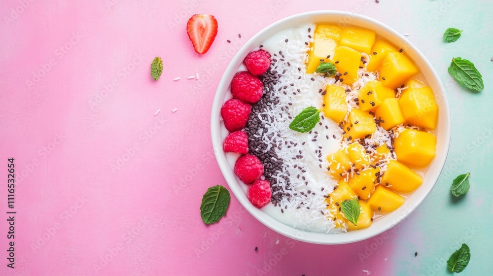 Mango, Raspberry, and Yogurt Parfait with Coconut Flakes and Chia Seeds Mango, Raspberry, and Yogurt Parfait with Coconut Flakes and Chia Seeds