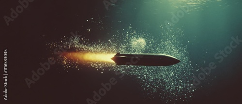 A torpedo glides beneath the ocean surface, its path highlighted by a trail of bubbles, creating a sense of stealthy movement and underwater intrigue. photo