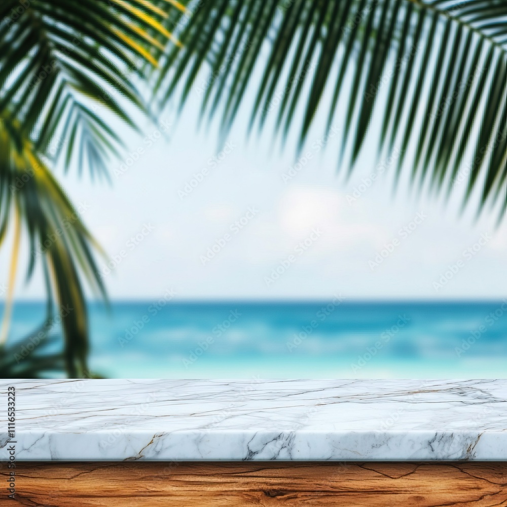 Fototapeta premium Natural Marble Surfaces with Soft Bokeh Lighting. A serene beach scene featuring a marble table against a backdrop of palm leaves and tranquil ocean waves.
