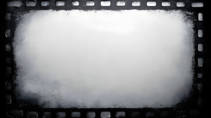 Grunge empty film background with vignette border. Dirty distressed black and white vintage 8k 16:9 weathered old with copy space. Retro analog template or backdrop 3D rendering.
