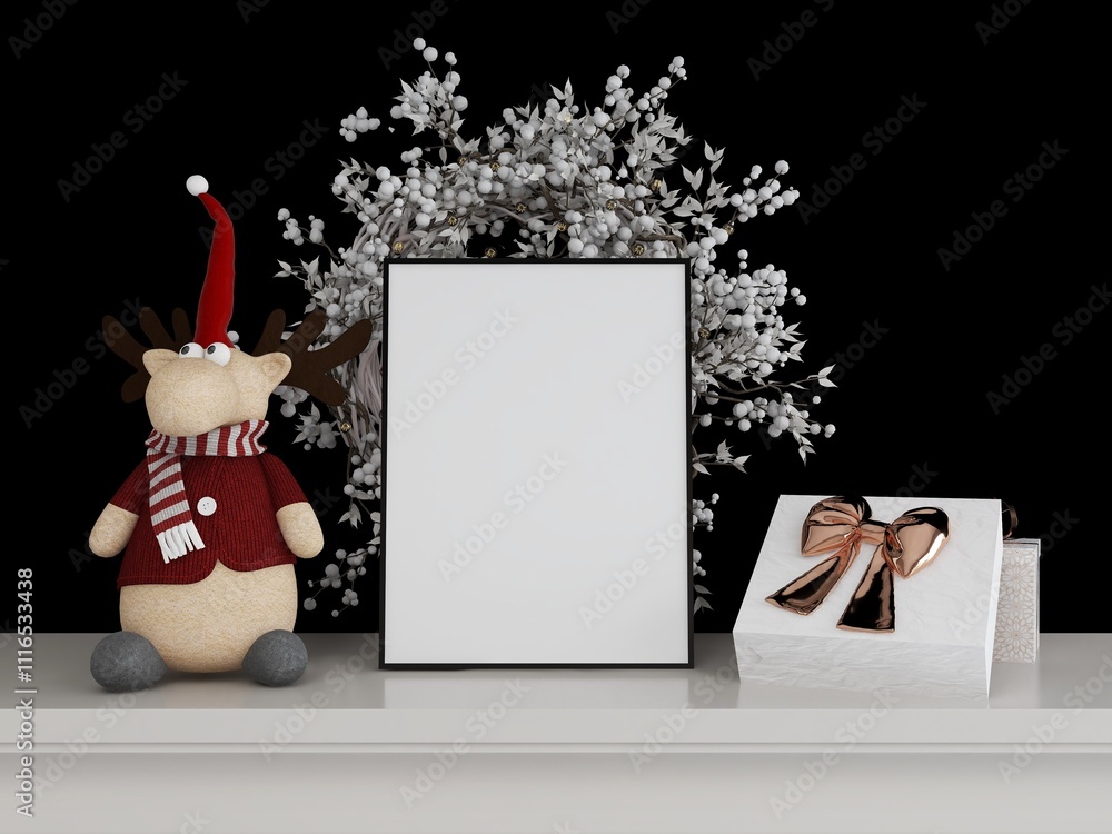 Fototapeta premium Blank vertical frame mockup with black wall in background and Christmas decoration with advent wreath, gifts and stuffed reindeer. 3D illustration, interior design, 3D rendering