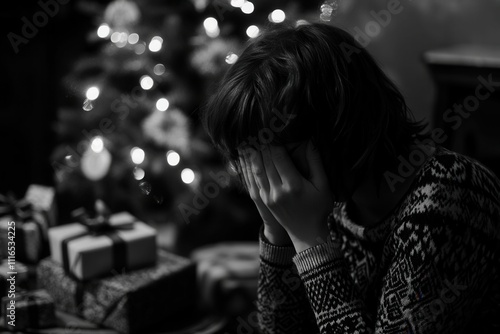 A stressed and unhappy woman waits anxiously, feeling tired and depressed about the upcoming Christmas season photo