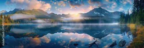Summer Mountains. Sunrise over Tatra National Park Lake in Polish Landscape