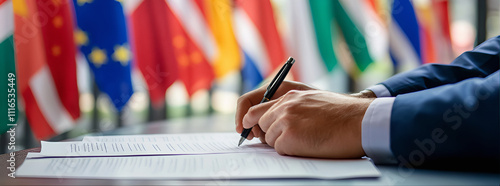  hand at the embassy holding a pen and poising to sign documents, with various flags in the background. International politics, European Union and United national Flags