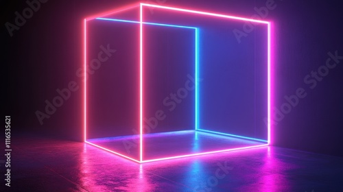 Glowing neon cube with pink and blue lines, reflecting on a dark surface.