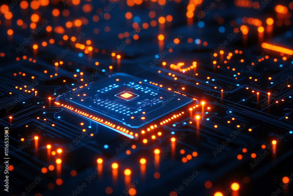 Fototapeta premium Orange-illuminated electronic circuit board