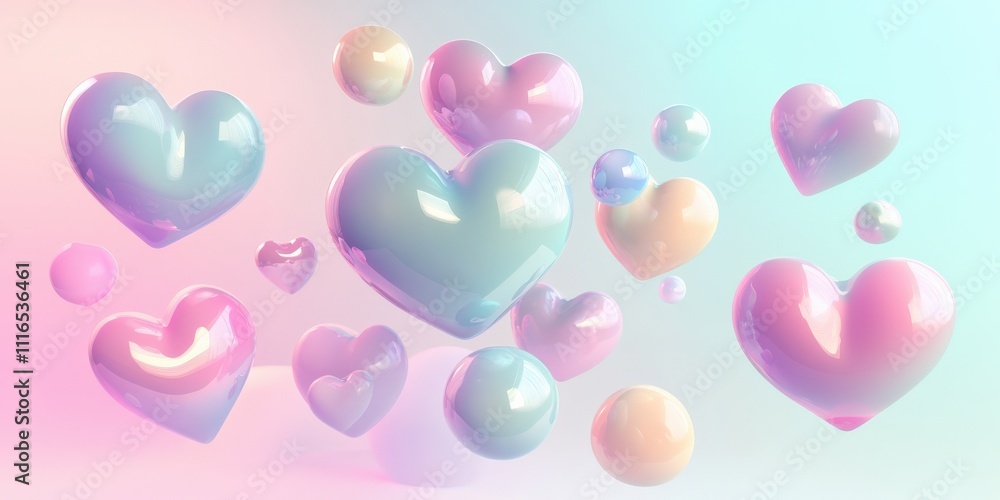 3D hearts with metallic textures holographic surfaces, smooth gradients, pastel pink, surrounded by shimmering glow mirrored edges. Trendy design for Valentine's Day, love, romantic themes, wallpaper. 3D hearts with metallic textures holographic surfaces, smooth gradients, pastel pink, surrounded by shimmering glow mirrored edges. Trendy design for Valentine's Day, love, romantic themes, wallpaper.