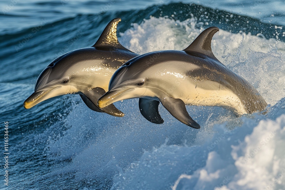 Obraz premium Two dolphins leaping through ocean waves at sunrise