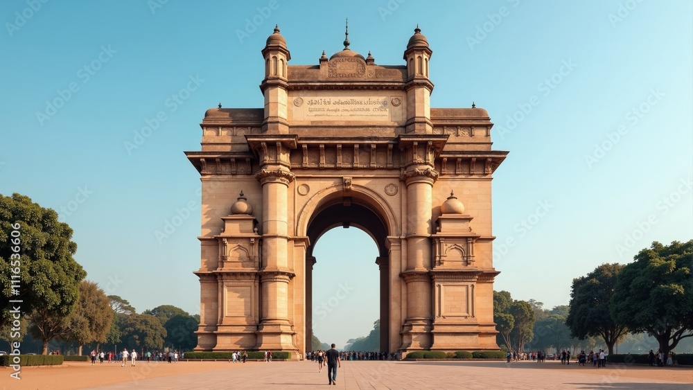 Fototapeta premium Visitors gather at the iconic Gateway of India, soaking in the calm morning light