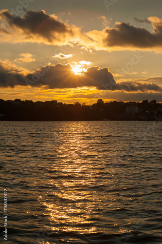 beautiful sunset on the water, lake in the evening