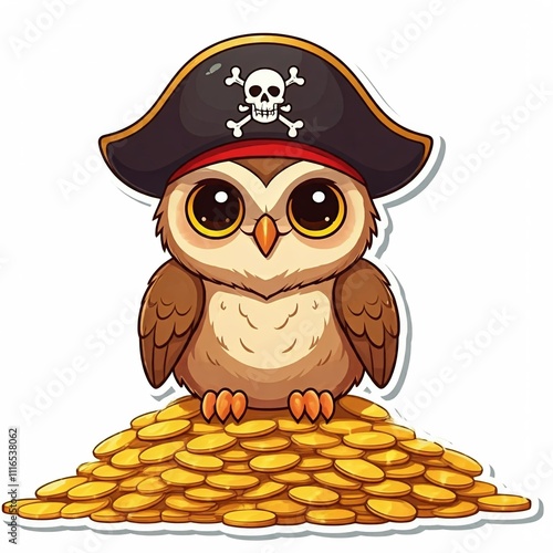 Chibi pirate owl with a tiny pirate hat, sitting on a pile of gold coins, sticker style, white background
 photo