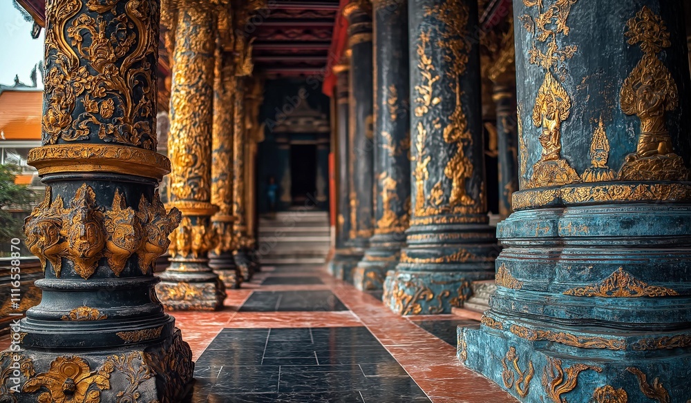 Fototapeta premium AI-generated images of Buddha statues ancient sites.Lord Buddha statue, god, monk Buddhism sect, thai style,in wat thai,thailand temple , built with contemporary Thai architecture Use blue red golden