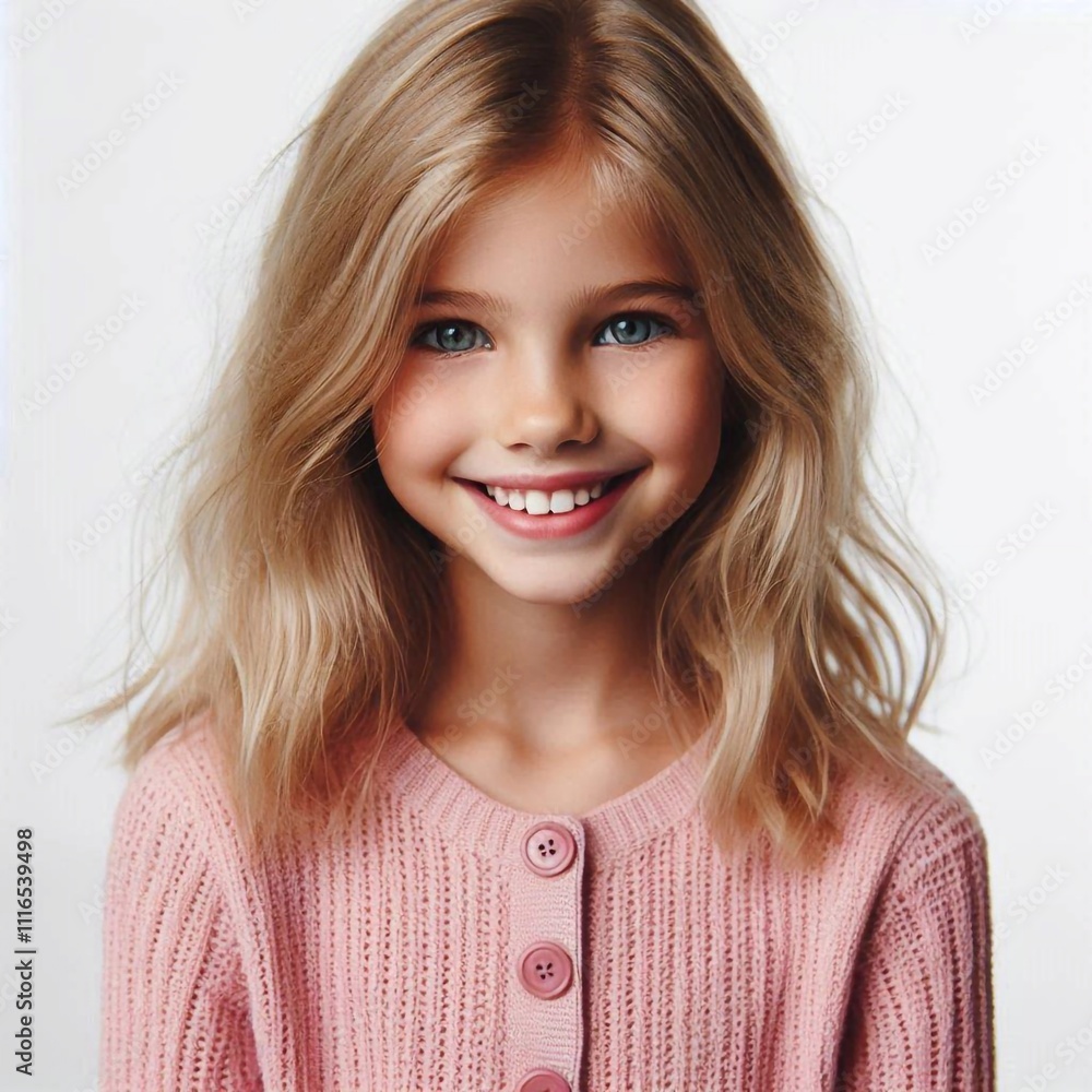 Fototapeta premium Smiling blonde girl with wavy hair in pink sweater on white background