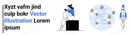 Woman using smartphone while sitting, network of connected people, rocket launch symbolizing tech innovation. Ideal for tech, digital transformation, connectivity, innovation, communication, social