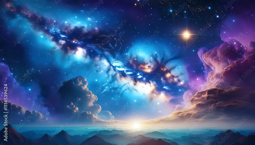 Fototapeta premium Expansive galaxy view revealing colorful nebula clouds and sparkling starlight in a cosmic landscape. Generative AI