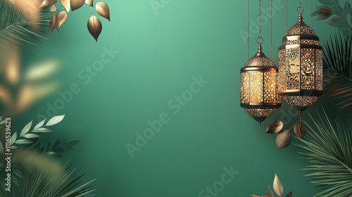 A green background with two lanterns hanging from the ceiling photo