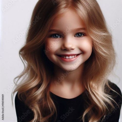 Smiling blonde girl with wavy hair in a black shirt on white background