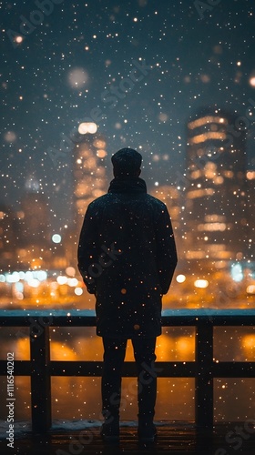 Silhouetted man watching snow fall in a vibrant city at night.