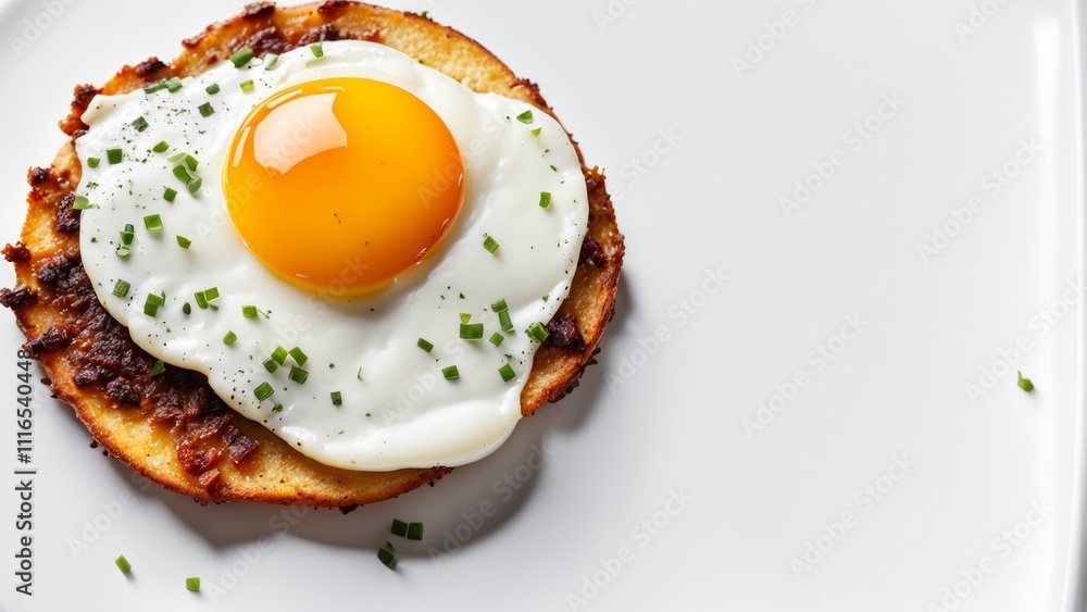 Fried eggs lightly with crispy edges sprinkled with pepper on a clean white table surface. With a place for the text. Fried eggs lightly with crispy edges sprinkled with pepper on a clean white table surface. With a place for the text.