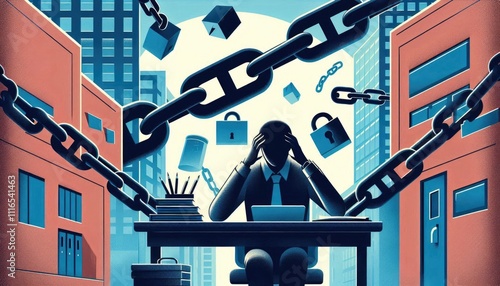 Businessman feeling trapped in corporate environment with chains and locks