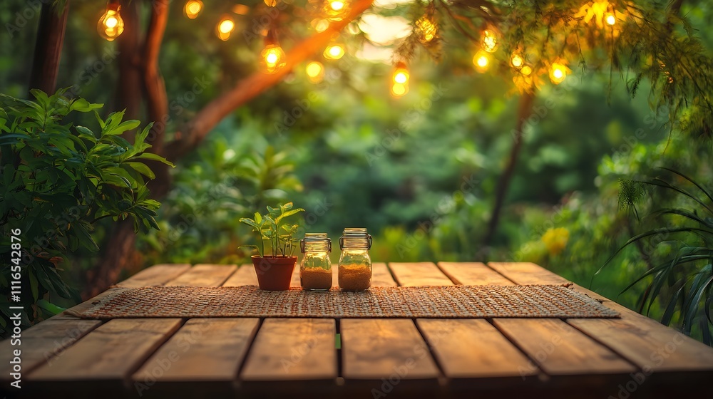 Serene outdoor setting with plants and illuminated jars during twilight. Serene outdoor setting with plants and illuminated jars during twilight.