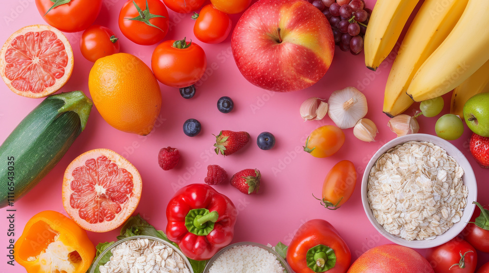 Naklejka premium Vibrant Fresh Produce with Oats on Pink Background for Health and Nutrition Themes