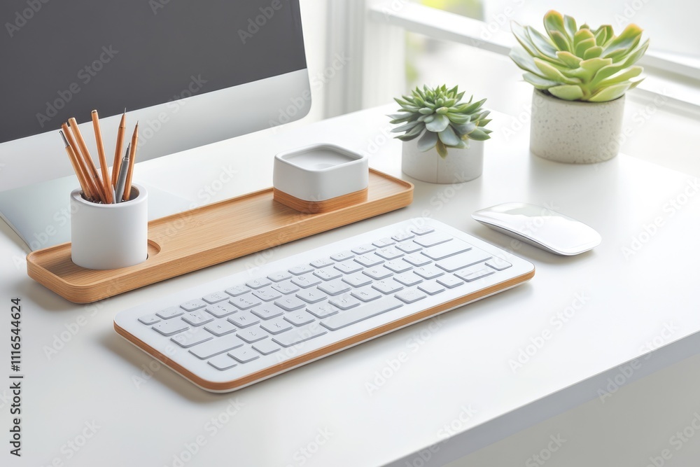Fototapeta premium A minimalist workspace featuring a computer keyboard mouse succulents and a wooden organizer.