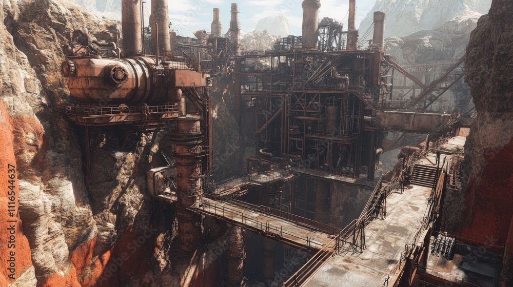 Rusty industrial ruins nestled in a canyon. Rusty industrial ruins nestled in a canyon.