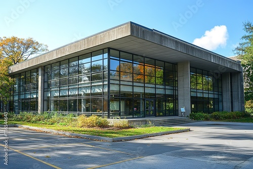 A large building with a lot of windows and a large front door