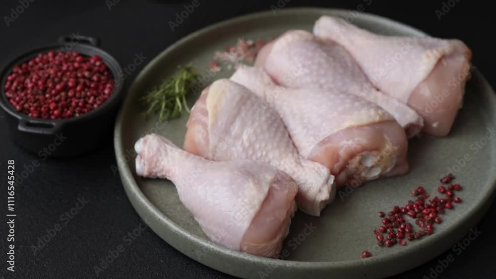 Raw chicken legs with salt, spices and herbs prepared for baking Raw chicken legs with salt, spices and herbs prepared for baking