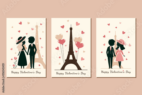 set with romantic couple on the beige background with eifel in minimalist style. vector art with group of black silhouettes of couples