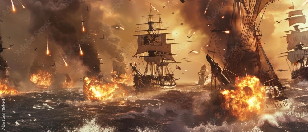 Fototapeta premium Explosive naval battle scene with ships ablaze under a fiery sky, vividly depicting the chaos and drama of warfare.