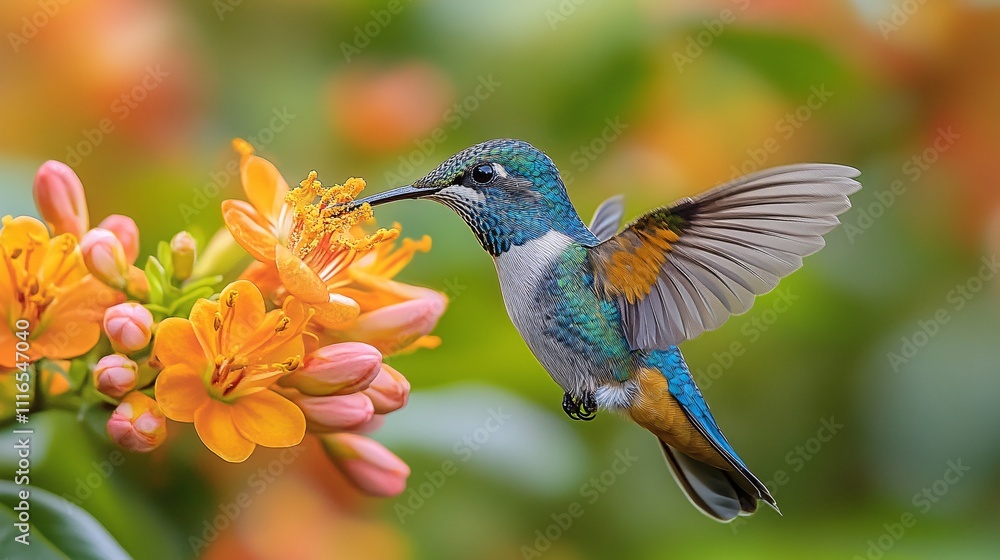 Fototapeta premium A vibrant hummingbird feeding on nectar from a blooming flower