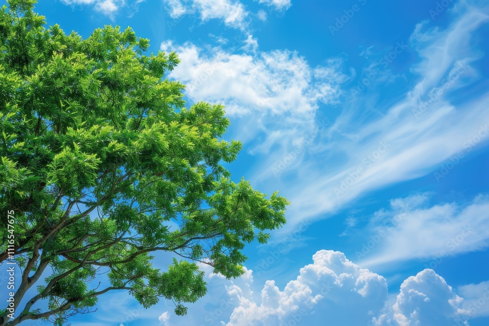Obraz premium Tree And Sky. Green Tree Top Line Over Blue Sky and Clouds Background in Summer Landscape