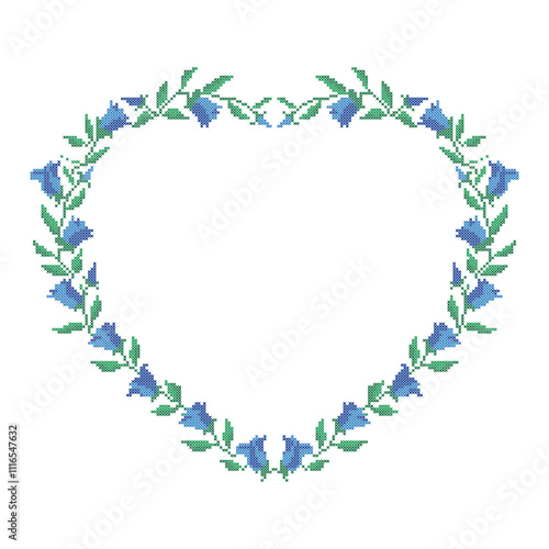 Cross Stitch Bell Flowers Floral Heart Frame Wreath Ukrainian Embroidery Pattern