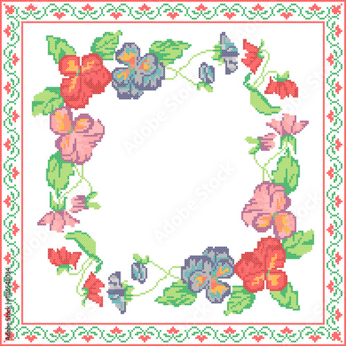 Cross Stitch Heartsease Flowers Border Frame, Floral Embroidery Pattern