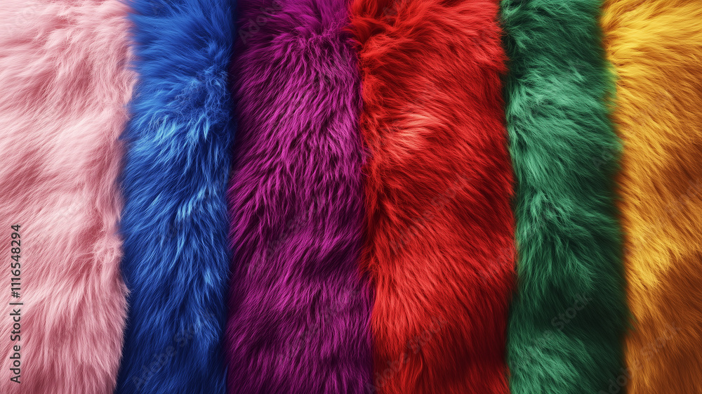 Abstract background of texture dyed faux fur. The fur is laid out in rows of colors yellow, green, red, purple, blue, pink.