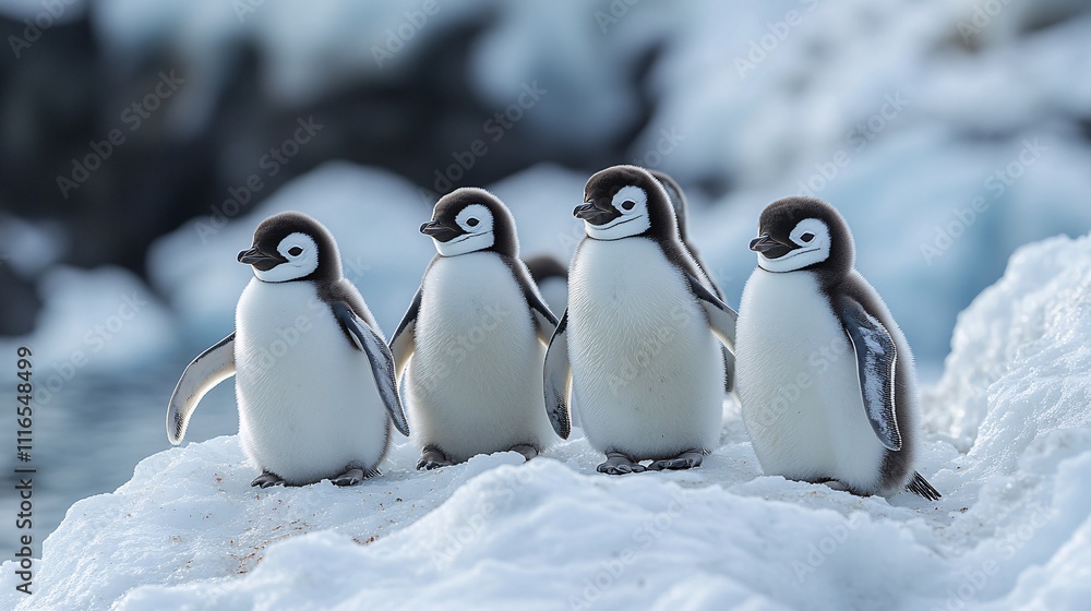 Obraz premium A group of penguins huddled together on a snowy expanse