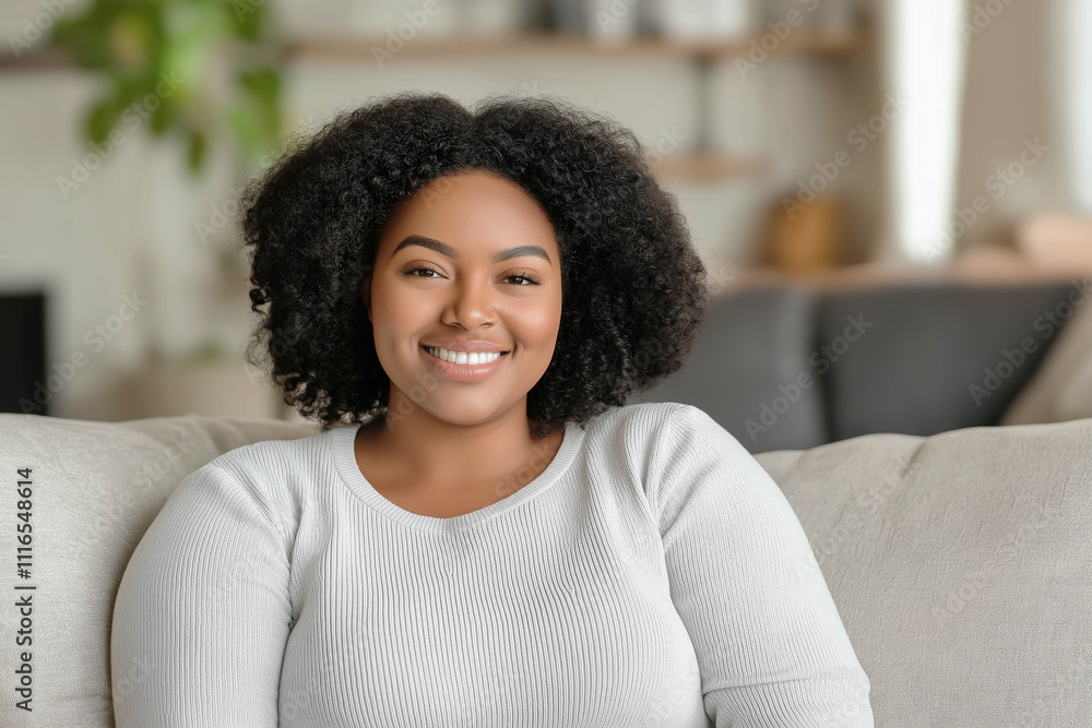 Fototapeta premium A beautiful, plus-size young African-American woman sits on a light sofa and smiles. Woman in a modern living room. Advertising banner.
