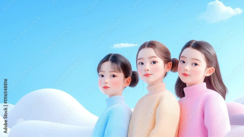 Cute illustration Three Cheerful Girls with Soft Expressions Wearing Colorful Sweaters Under Blue Sky Cute illustration Three Cheerful Girls with Soft Expressions Wearing Colorful Sweaters Under Blue Sky
