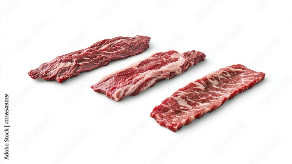 Fototapeta premium Fresh beef options like brisket, filet mignon, and skirt steak floating dynamically on white.