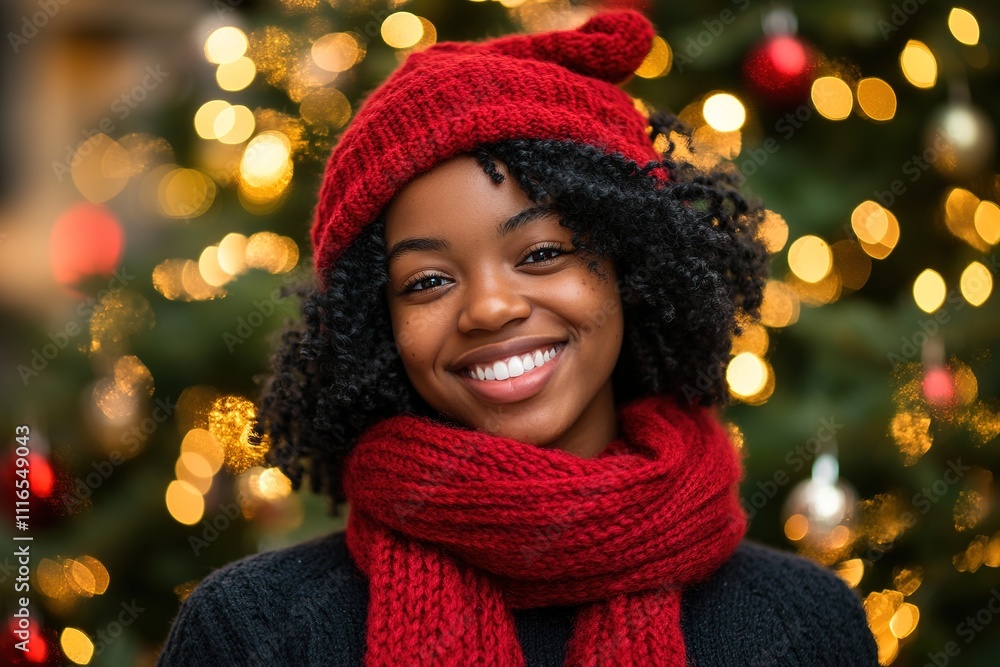 Smiling woman in red winter accessories with festive lights. Smiling woman in red winter accessories with festive lights.