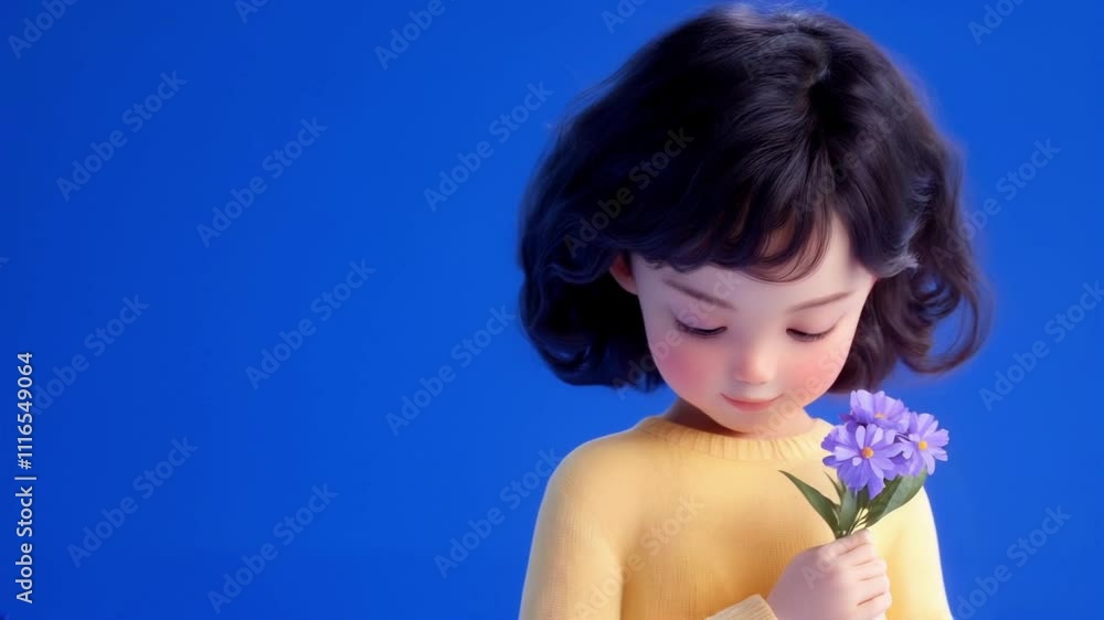Cute illustration Cheerful animated girl holding purple flowers on a blue background with a joyful expression Cute illustration Cheerful animated girl holding purple flowers on a blue background with a joyful expression