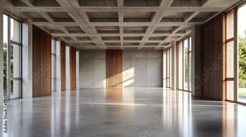 Wallpaper Mural Sunlit spacious modern concrete room with wood paneling and large windows. Torontodigital.ca