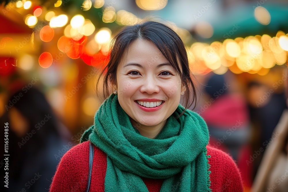 Smiling woman with red sweater and green scarf at festive market Smiling woman with red sweater and green scarf at festive market