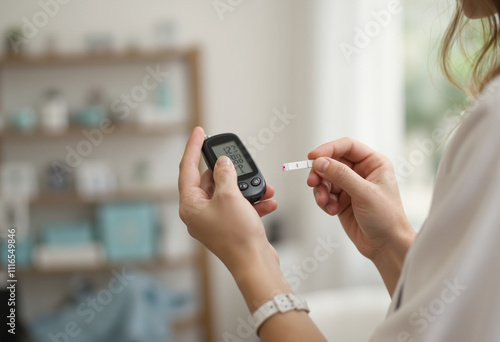 Woman using blood glucose meter with test strip in bright indoor setting