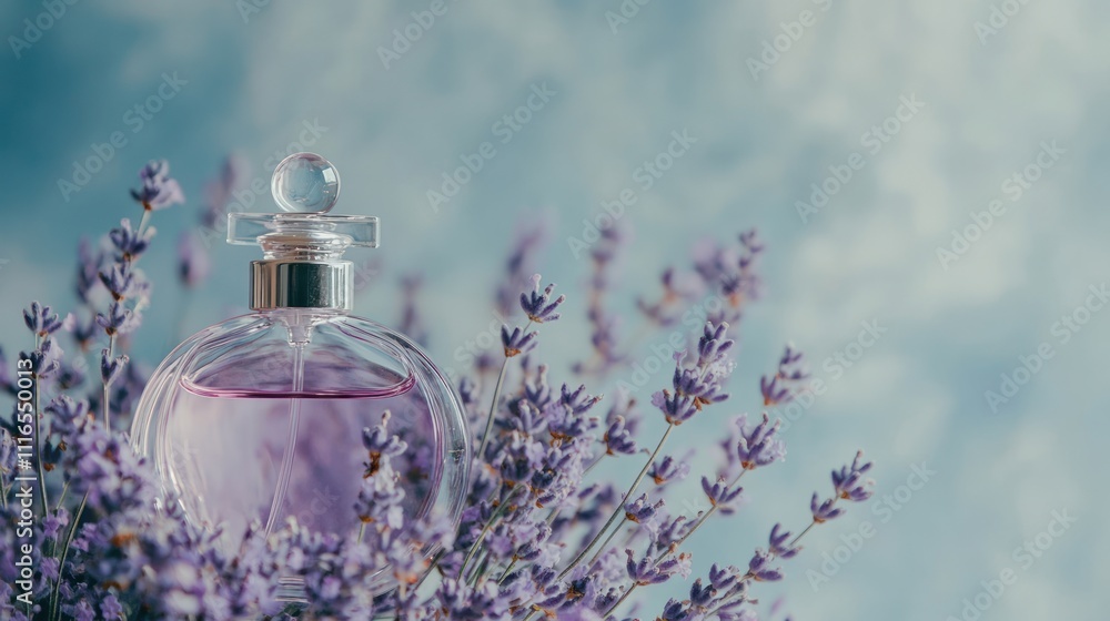 Lavender perfume bottle nestled in blooming lavender flowers against a soft blue sky. Lavender perfume bottle nestled in blooming lavender flowers against a soft blue sky.