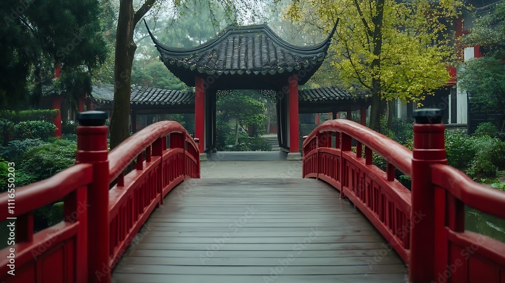 Red Bridge Leading To Traditional Chinese Pavilion Red Bridge Leading To Traditional Chinese Pavilion